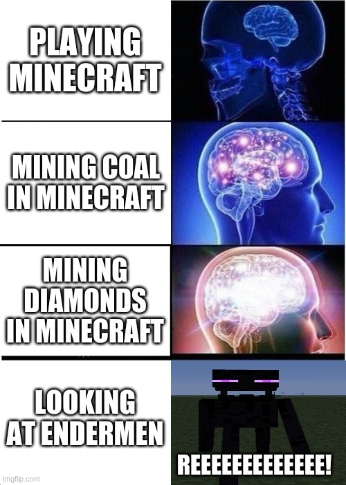 minecraft meme | PLAYING MINECRAFT; MINING COAL IN MINECRAFT; MINING DIAMONDS IN MINECRAFT; LOOKING AT ENDERMEN; REEEEEEEEEEEEE! | image tagged in memes,expanding brain,minecraft | made w/ Imgflip meme maker