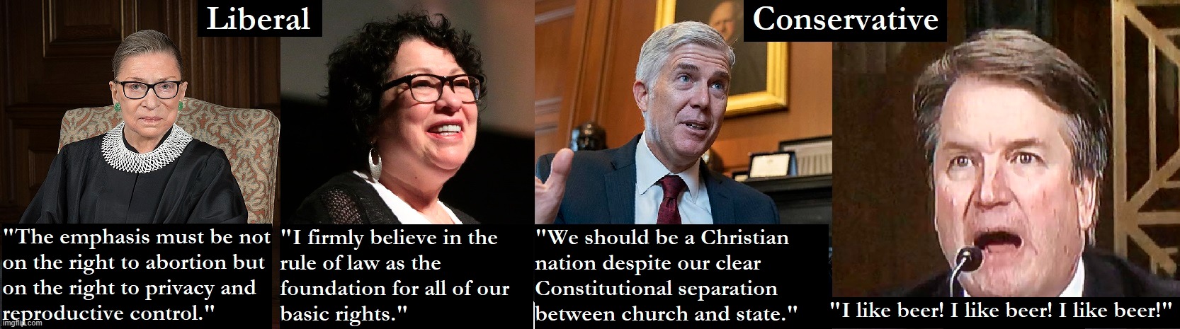 SCOTUS liberal vs conservative | image tagged in scotus,ruth bader ginsburg,sotomayor,gorsuch,brett kavanaugh,conservatives | made w/ Imgflip meme maker