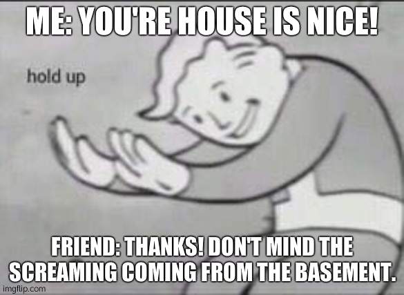 Fallout Hold Up | ME: YOU'RE HOUSE IS NICE! FRIEND: THANKS! DON'T MIND THE SCREAMING COMING FROM THE BASEMENT. | image tagged in fallout hold up | made w/ Imgflip meme maker