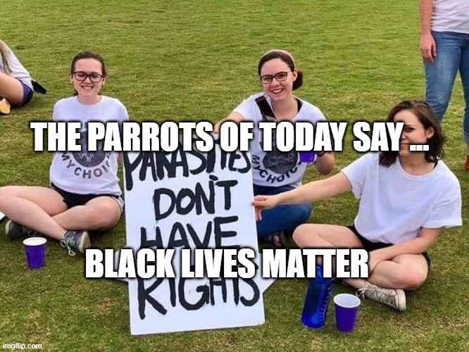 Parasites have no rights | THE PARROTS OF TODAY SAY ... BLACK LIVES MATTER | image tagged in parasites have no rights | made w/ Imgflip meme maker