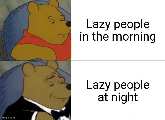 Tuxedo Winnie The Pooh Meme | Lazy people in the morning; Lazy people at night | image tagged in memes,tuxedo winnie the pooh | made w/ Imgflip meme maker