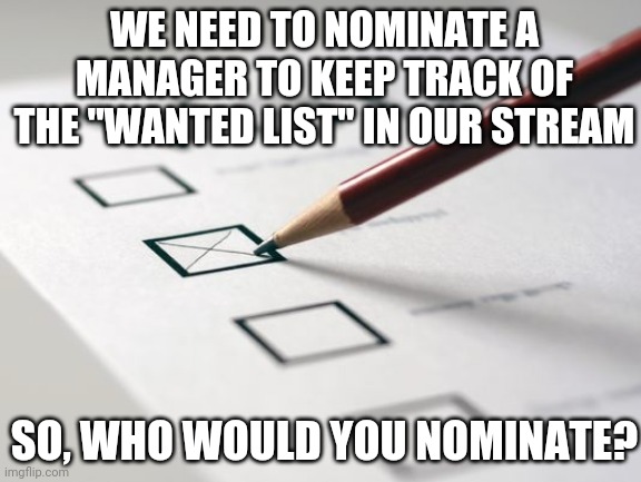 June 21st Is The Last Day To Vote | WE NEED TO NOMINATE A MANAGER TO KEEP TRACK OF THE "WANTED LIST" IN OUR STREAM; SO, WHO WOULD YOU NOMINATE? | image tagged in voting ballot | made w/ Imgflip meme maker