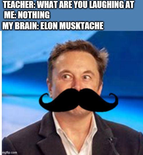 Elon muskstache | TEACHER: WHAT ARE YOU LAUGHING AT; ME: NOTHING; MY BRAIN: ELON MUSKTACHE | image tagged in elon muskstache,elon musk,mustache | made w/ Imgflip meme maker