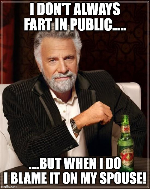 The Most Interesting Man In The World | I DON'T ALWAYS FART IN PUBLIC..... ....BUT WHEN I DO I BLAME IT ON MY SPOUSE! | image tagged in memes,the most interesting man in the world | made w/ Imgflip meme maker