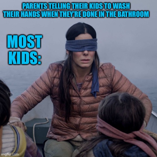 Bird Box Meme | PARENTS TELLING THEIR KIDS TO WASH THEIR HANDS WHEN THEY’RE DONE IN THE BATHROOM; MOST KIDS: | image tagged in memes,bird box | made w/ Imgflip meme maker