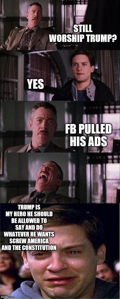 Peter Parker Cry | STILL WORSHIP TRUMP? YES; FB PULLED HIS ADS; TRUMP IS MY HERO HE SHOULD BE ALLOWED TO SAY AND DO WHATEVER HE WANTS SCREW AMERICA AND THE CONSTITUTION | image tagged in memes,peter parker cry | made w/ Imgflip meme maker