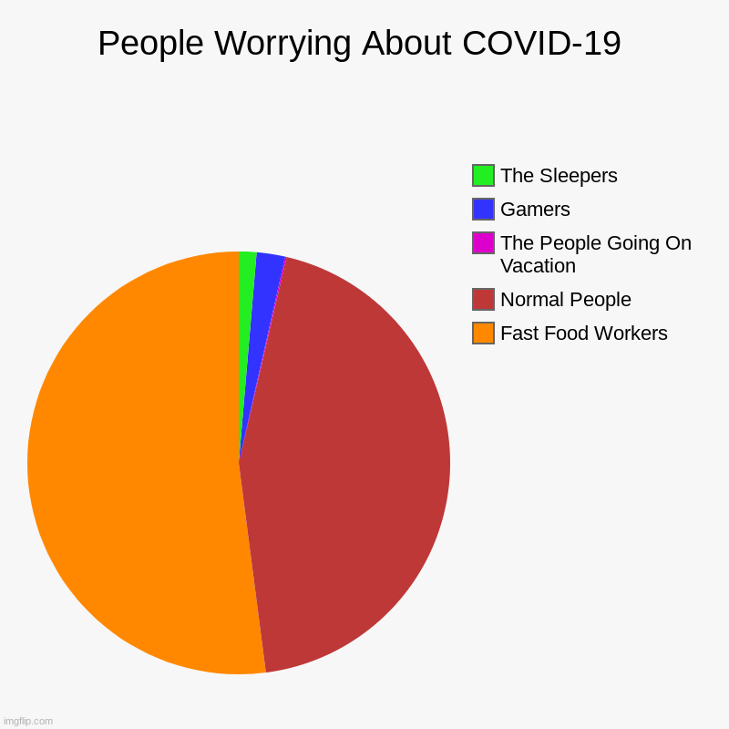 People Worrying About COVID-19 | Fast Food Workers, Normal People, The People Going On Vacation , Gamers, The Sleepers | image tagged in charts,pie charts | made w/ Imgflip chart maker