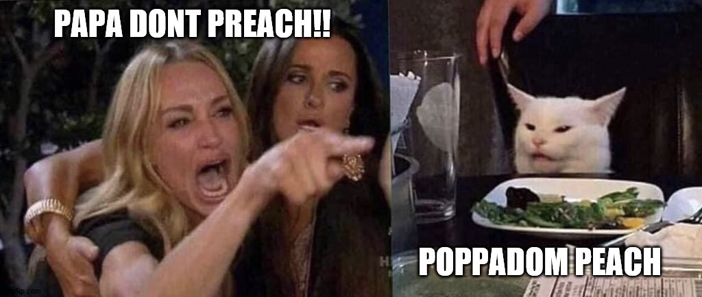 woman yelling at cat | PAPA DONT PREACH!! POPPADOM PEACH | image tagged in woman yelling at cat | made w/ Imgflip meme maker