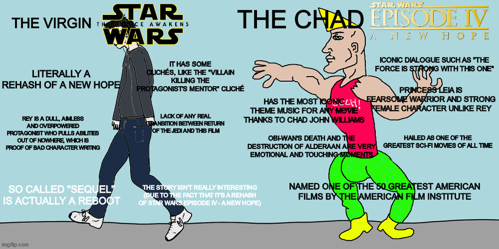 Virgin The Force Awakens vs. Chad A New Hope |  THE CHAD; THE VIRGIN; ICONIC DIALOGUE SUCH AS "THE FORCE IS STRONG WITH THIS ONE"; LITERALLY A REHASH OF A NEW HOPE; IT HAS SOME CLICHÉS, LIKE THE "VILLAIN KILLING THE PROTAGONIST'S MENTOR" CLICHÉ; PRINCESS LEIA IS FEARSOME WARRIOR AND STRONG FEMALE CHARACTER UNLIKE REY; HAS THE MOST ICONIC THEME MUSIC FOR ANY MOVIE THANKS TO CHAD JOHN WILLIAMS; REY IS A DULL, AIMLESS AND OVERPOWERED PROTAGONIST WHO PULLS ABILITIES OUT OF NOWHERE, WHICH IS PROOF OF BAD CHARACTER WRITING; LACK OF ANY REAL TRANSITION BETWEEN RETURN OF THE JEDI AND THIS FILM; OBI-WAN'S DEATH AND THE DESTRUCTION OF ALDERAAN ARE VERY EMOTIONAL AND TOUCHING MOMENTS; HAILED AS ONE OF THE GREATEST SCI-FI MOVIES OF ALL TIME; NAMED ONE OF THE 50 GREATEST AMERICAN FILMS BY THE AMERICAN FILM INSTITUTE; SO CALLED "SEQUEL" IS ACTUALLY A REBOOT; THE STORY ISN'T REALLY INTERESTING (DUE TO THE FACT THAT IT'S A REHASH OF STAR WARS EPISODE IV - A NEW HOPE) | image tagged in virgin vs chad,disney star wars,memes,star wars,star wars the force awakens,star wars a new hope | made w/ Imgflip meme maker