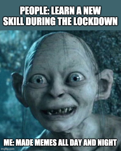 Gollum learns a new skill during the lockdown | PEOPLE: LEARN A NEW SKILL DURING THE LOCKDOWN; ME: MADE MEMES ALL DAY AND NIGHT | image tagged in memes,gollum | made w/ Imgflip meme maker