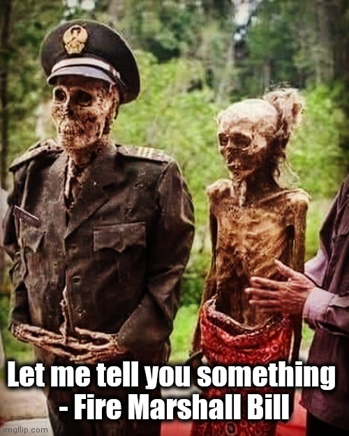 Let me tell you something 
- Fire Marshall Bill | image tagged in fire marshall bill,walking dead zombie,skeleton | made w/ Imgflip meme maker