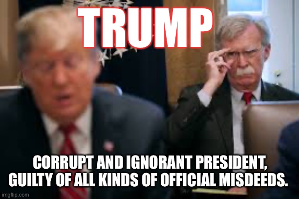 VOTE BLUE 2020 | TRUMP; CORRUPT AND IGNORANT PRESIDENT, GUILTY OF ALL KINDS OF OFFICIAL MISDEEDS. | image tagged in donald trump,john bolton,ignorant,moron,uninformed,corrupt | made w/ Imgflip meme maker