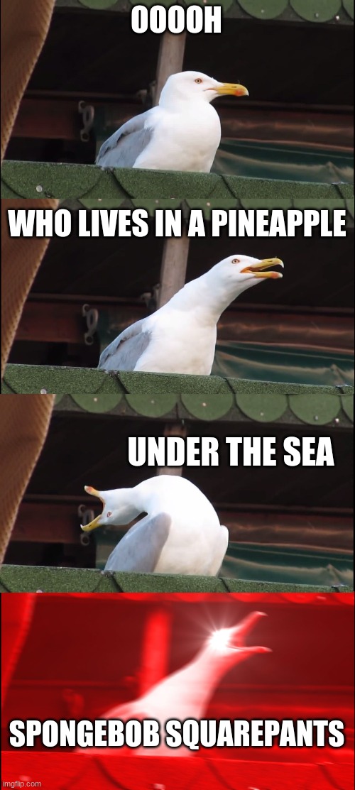 Really loud seagull | OOOOH; WHO LIVES IN A PINEAPPLE; UNDER THE SEA; SPONGEBOB SQUAREPANTS | image tagged in memes,inhaling seagull | made w/ Imgflip meme maker