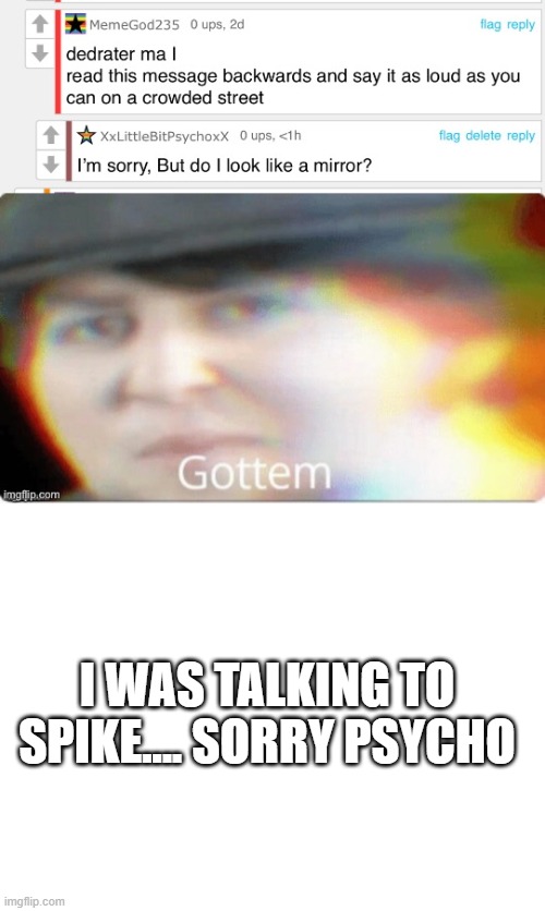 I WAS TALKING TO SPIKE.... SORRY PSYCHO | image tagged in blank white template | made w/ Imgflip meme maker