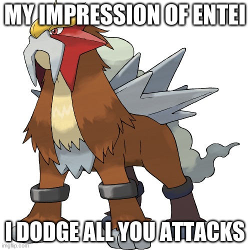 My impression of entei | MY IMPRESSION OF ENTEI; I DODGE ALL YOU ATTACKS | image tagged in pokemon | made w/ Imgflip meme maker
