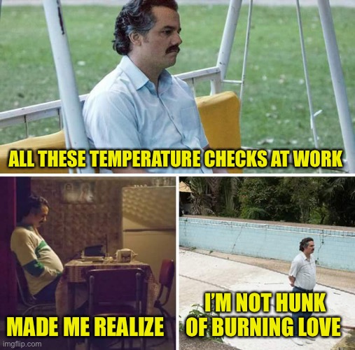 How will the women ever forgive me? | ALL THESE TEMPERATURE CHECKS AT WORK; MADE ME REALIZE; I’M NOT HUNK OF BURNING LOVE | image tagged in memes,sad pablo escobar,just a joke,covid-19 | made w/ Imgflip meme maker