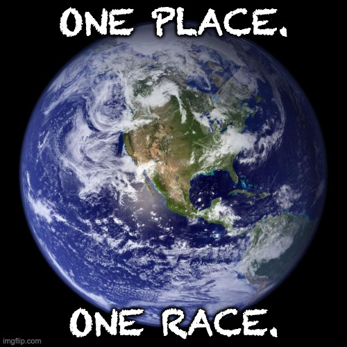 earth | ONE PLACE. ONE RACE. | image tagged in earth,memes,fact | made w/ Imgflip meme maker