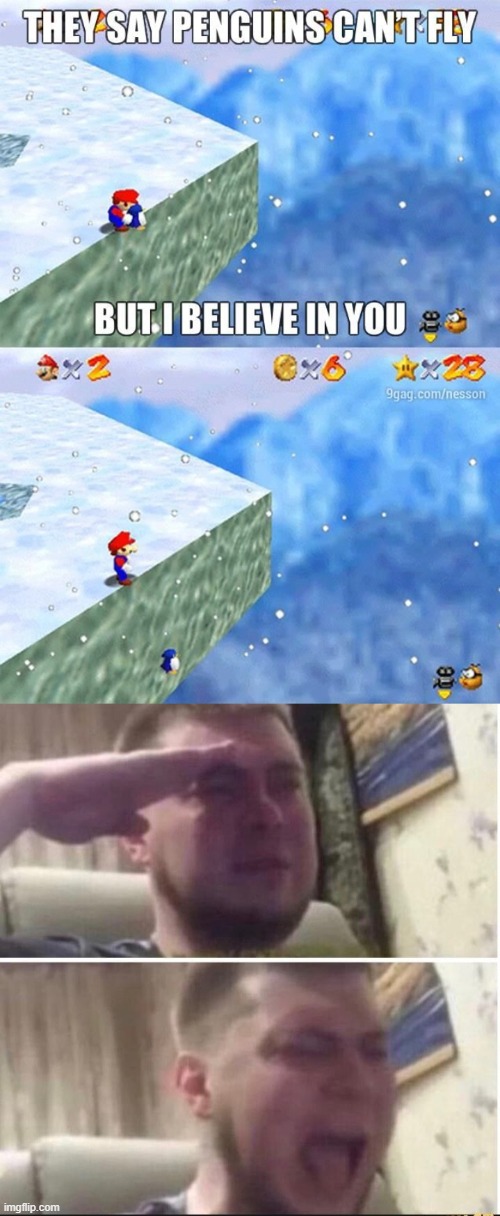 RIP Baby Penguin | image tagged in memes,crying salute,super mario 64,funny | made w/ Imgflip meme maker