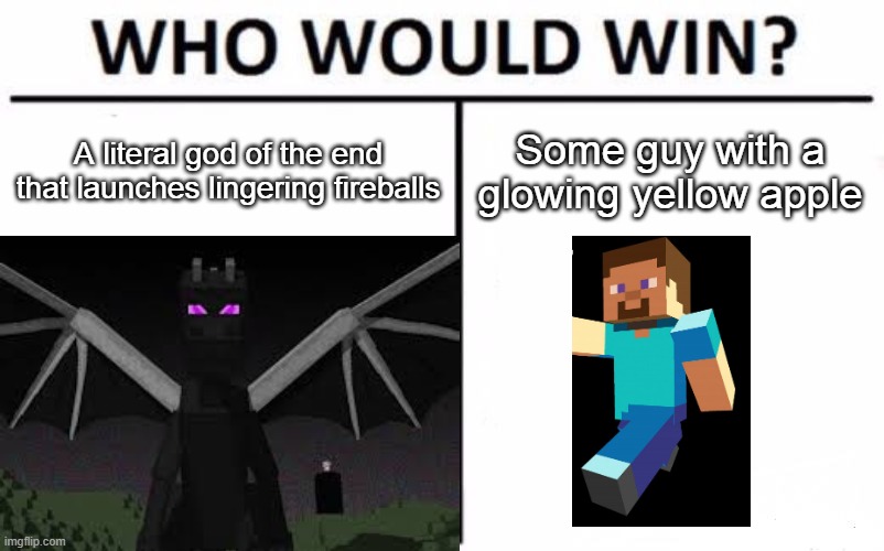 A literal god of the end that launches lingering fireballs; Some guy with a glowing yellow apple | image tagged in who would win | made w/ Imgflip meme maker