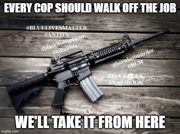 BLM | EVERY COP SHOULD WALK OFF THE JOB; WE'LL TAKE IT FROM HERE | image tagged in blm | made w/ Imgflip meme maker