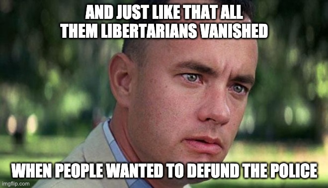 Forest Gump | AND JUST LIKE THAT ALL THEM LIBERTARIANS VANISHED; WHEN PEOPLE WANTED TO DEFUND THE POLICE | image tagged in forest gump | made w/ Imgflip meme maker