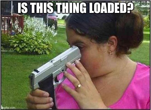 Common Sense | IS THIS THING LOADED? | image tagged in woman looking down gun barrel | made w/ Imgflip meme maker