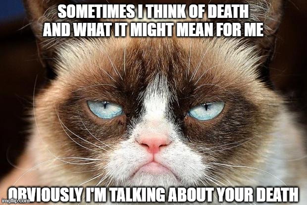 Thoughts About Death | SOMETIMES I THINK OF DEATH
AND WHAT IT MIGHT MEAN FOR ME; OBVIOUSLY I'M TALKING ABOUT YOUR DEATH | image tagged in memes,grumpy cat,funny,funny memes,death | made w/ Imgflip meme maker