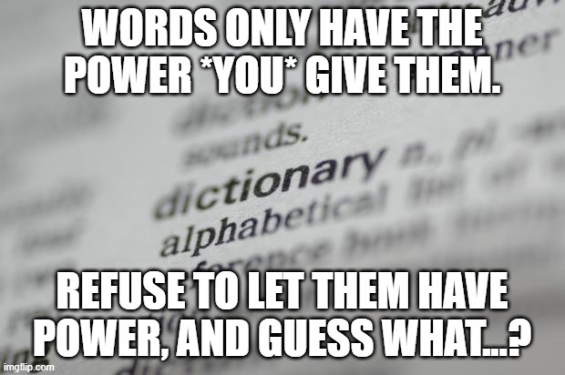 Words Are Powerless On Their Own | WORDS ONLY HAVE THE POWER *YOU* GIVE THEM. REFUSE TO LET THEM HAVE POWER, AND GUESS WHAT...? | image tagged in dictionary-001 | made w/ Imgflip meme maker