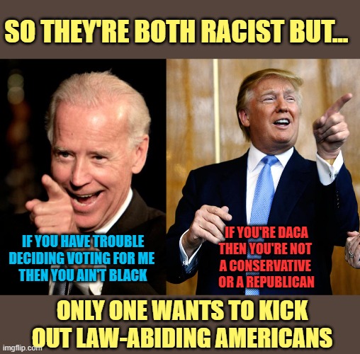 It's the one on the Right | SO THEY'RE BOTH RACIST BUT... IF YOU'RE DACA
THEN YOU'RE NOT 
A CONSERVATIVE 
OR A REPUBLICAN; IF YOU HAVE TROUBLE DECIDING VOTING FOR ME 
THEN YOU AIN'T BLACK; ONLY ONE WANTS TO KICK OUT LAW-ABIDING AMERICANS | image tagged in memes,smilin biden,donald trump pointing,racist | made w/ Imgflip meme maker