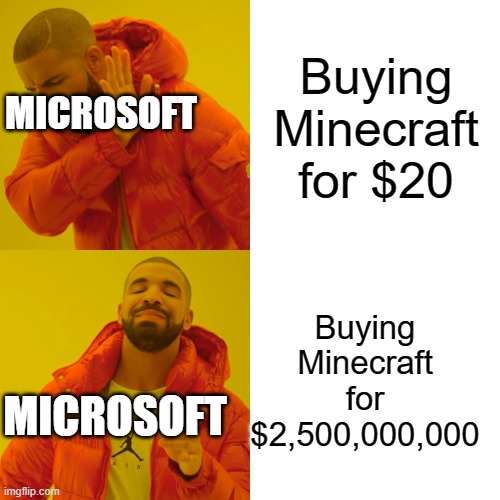 Microsoft and Minecraft | Buying Minecraft for $20; MICROSOFT; Buying Minecraft for $2,500,000,000; MICROSOFT | image tagged in memes,drake hotline bling,minecraft,microsoft | made w/ Imgflip meme maker