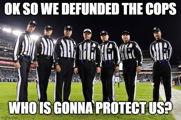 Who ya gonna call? | OK SO WE DEFUNDED THE COPS; WHO IS GONNA PROTECT US? | image tagged in nfl referees | made w/ Imgflip meme maker