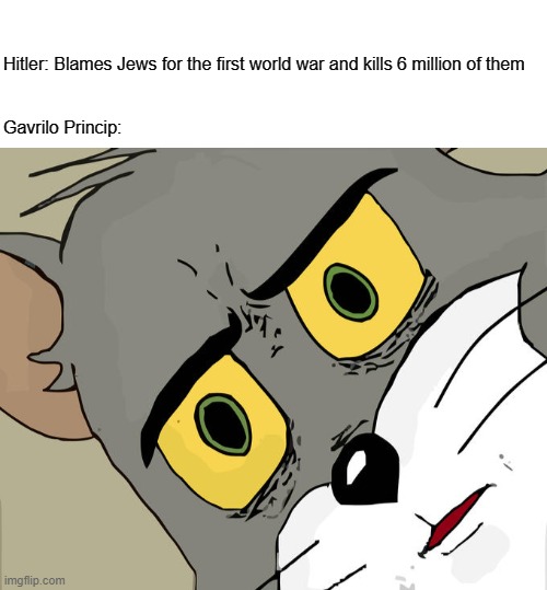 INSERT TITLE HERE | Hitler: Blames Jews for the first world war and kills 6 million of them

   
 
Gavrilo Princip: | image tagged in unsettled tom,hitler,adolf hitler,holocaust,wwi,wwii | made w/ Imgflip meme maker