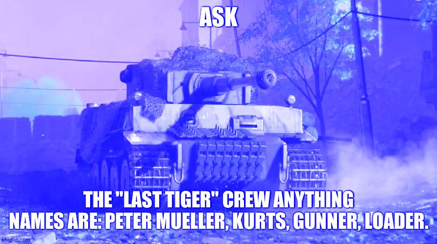 Ask them | ASK; THE "LAST TIGER" CREW ANYTHING

NAMES ARE: PETER MUELLER, KURTS, GUNNER, LOADER. | image tagged in tiger 237 | made w/ Imgflip meme maker