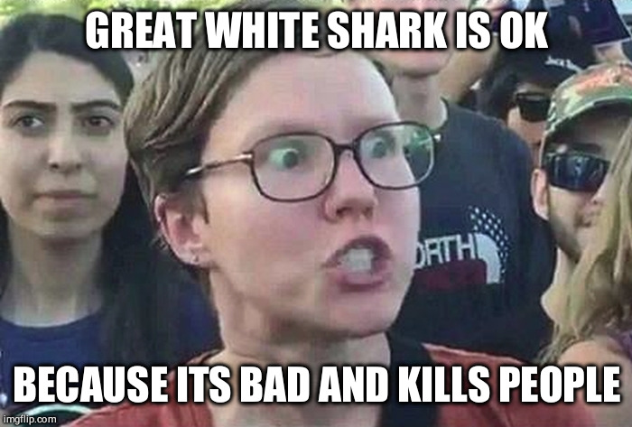 Triggered Liberal | GREAT WHITE SHARK IS OK BECAUSE ITS BAD AND KILLS PEOPLE | image tagged in triggered liberal | made w/ Imgflip meme maker