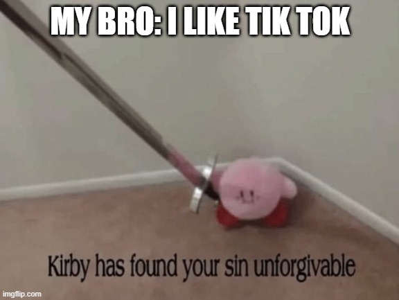 Kirby has found your sin unforgivable | MY BRO: I LIKE TIK TOK | image tagged in kirby has found your sin unforgivable | made w/ Imgflip meme maker