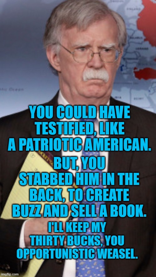 John Bolton, Contemptible Weasel | YOU COULD HAVE TESTIFIED, LIKE A PATRIOTIC AMERICAN. BUT, YOU STABBED HIM IN THE BACK, TO CREATE BUZZ AND SELL A BOOK. I'LL KEEP MY THIRTY BUCKS, YOU OPPORTUNISTIC WEASEL. | image tagged in politics | made w/ Imgflip meme maker