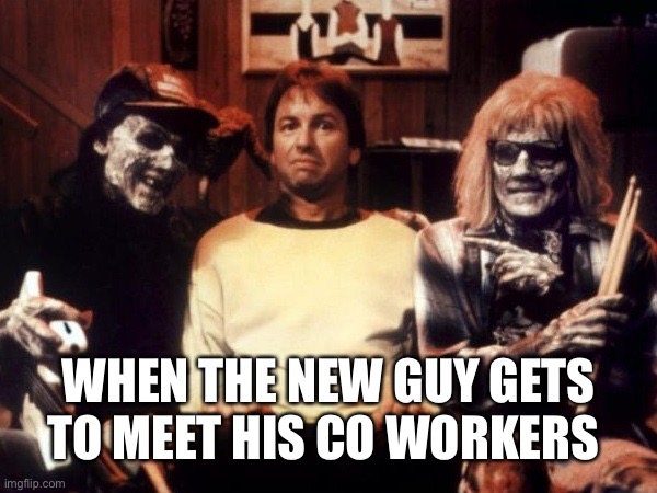 That looks like a spirit yet to be crushed | WHEN THE NEW GUY GETS TO MEET HIS CO WORKERS | image tagged in random | made w/ Imgflip meme maker