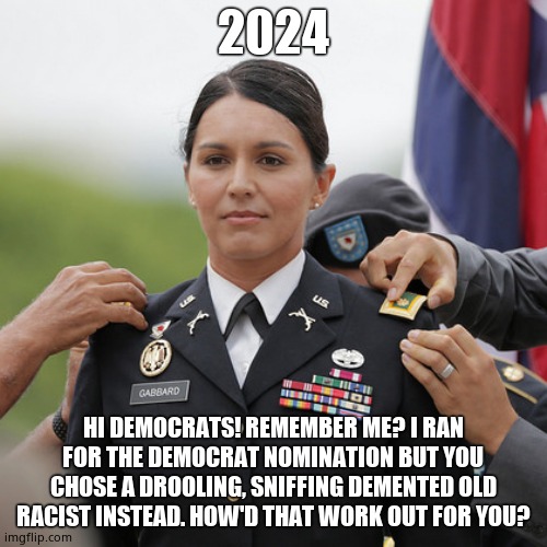 Tulsi Hero | 2024 HI DEMOCRATS! REMEMBER ME? I RAN FOR THE DEMOCRAT NOMINATION BUT YOU CHOSE A DROOLING, SNIFFING DEMENTED OLD RACIST INSTEAD. HOW'D THAT | image tagged in tulsi hero | made w/ Imgflip meme maker