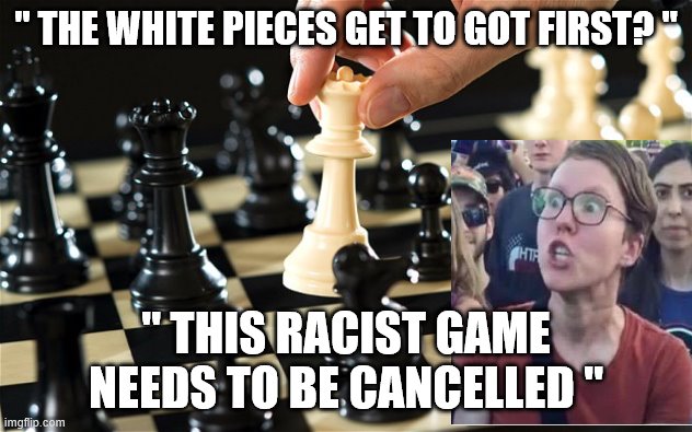 Chess | " THE WHITE PIECES GET TO GOT FIRST? "; " THIS RACIST GAME NEEDS TO BE CANCELLED " | image tagged in chess | made w/ Imgflip meme maker