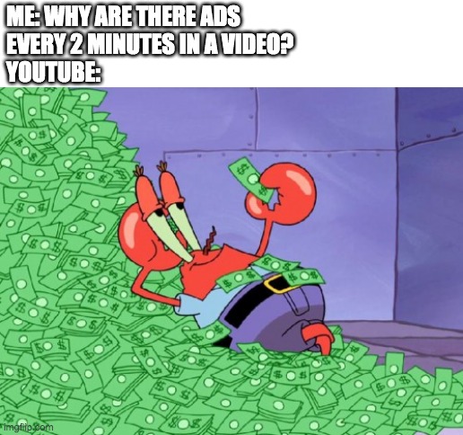 mr krabs money | ME: WHY ARE THERE ADS 
EVERY 2 MINUTES IN A VIDEO?
YOUTUBE: | image tagged in mr krabs money,youtube | made w/ Imgflip meme maker