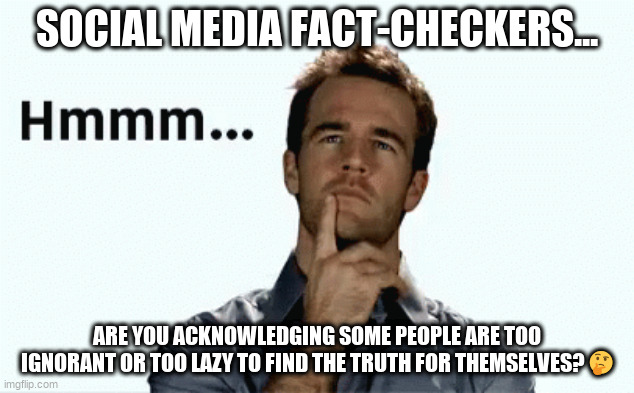 Fact checkers | SOCIAL MEDIA FACT-CHECKERS... ARE YOU ACKNOWLEDGING SOME PEOPLE ARE TOO IGNORANT OR TOO LAZY TO FIND THE TRUTH FOR THEMSELVES? 🤔 | image tagged in social media | made w/ Imgflip meme maker