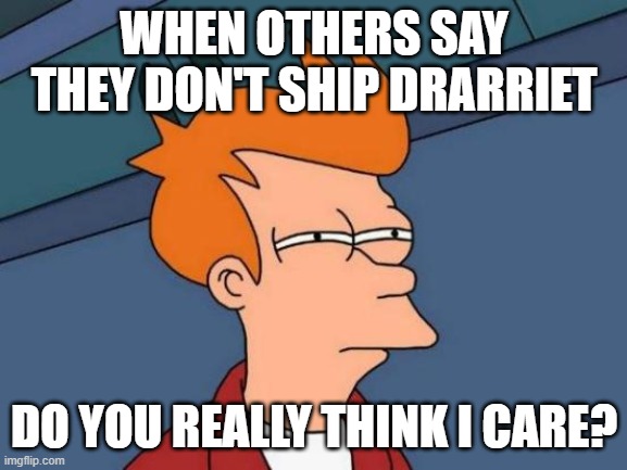 Futurama Fry | WHEN OTHERS SAY THEY DON'T SHIP DRARRIET; DO YOU REALLY THINK I CARE? | image tagged in memes,futurama fry | made w/ Imgflip meme maker