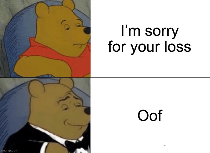 Help me beat my brother in a meme war and at least view this. | I’m sorry for your loss; Oof | image tagged in memes,tuxedo winnie the pooh | made w/ Imgflip meme maker