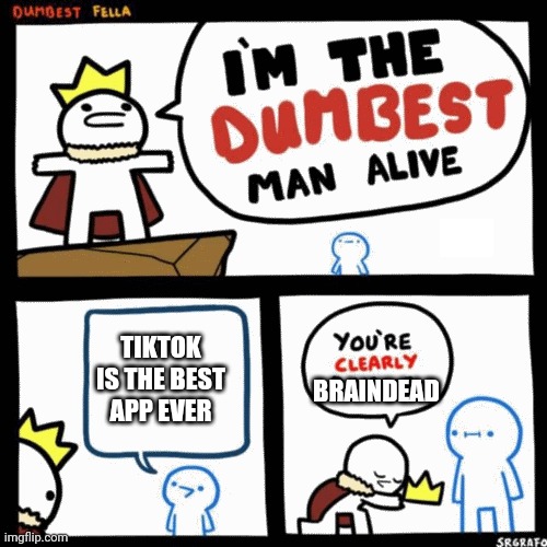 I'm the dumbest man alive | TIKTOK IS THE BEST APP EVER; BRAINDEAD | image tagged in i'm the dumbest man alive | made w/ Imgflip meme maker