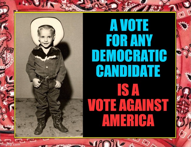 Before you trolls attack, I am a lifelong registered Democrat | A VOTE FOR ANY DEMOCRATIC CANDIDATE; IS A VOTE AGAINST AMERICA | image tagged in cowboy,vince vance,democrat party,guilty,treason,memes | made w/ Imgflip meme maker