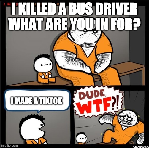 Srgrafo dude wtf | I KILLED A BUS DRIVER WHAT ARE YOU IN FOR? I MADE A TIKTOK | image tagged in srgrafo dude wtf | made w/ Imgflip meme maker
