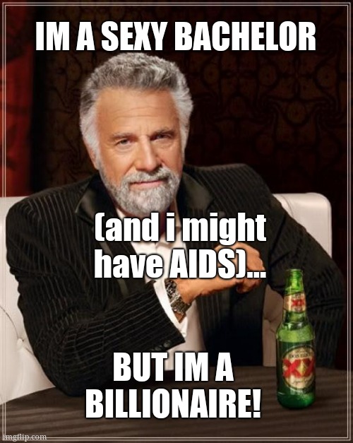 The Most Interesting Man In The World | IM A SEXY BACHELOR; (and i might have AIDS)... BUT IM A BILLIONAIRE! | image tagged in memes,the most interesting man in the world | made w/ Imgflip meme maker