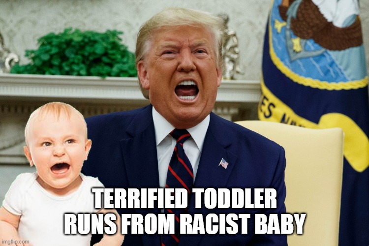 Toddler running away from racist baby | TERRIFIED TODDLER RUNS FROM RACIST BABY | image tagged in toddler running away from racist baby | made w/ Imgflip meme maker