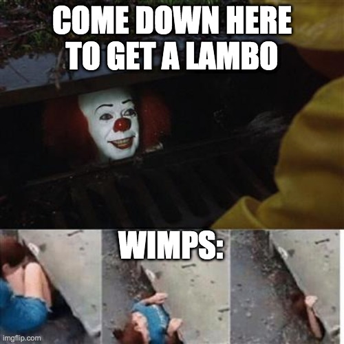 pennywise in sewer | COME DOWN HERE TO GET A LAMBO; WIMPS: | image tagged in pennywise in sewer | made w/ Imgflip meme maker