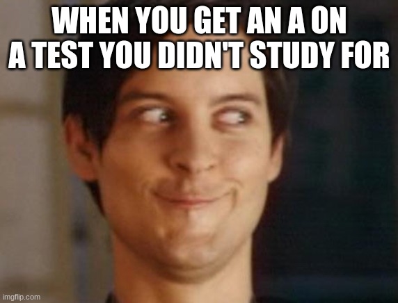 Spiderman Peter Parker Meme | WHEN YOU GET AN A ON A TEST YOU DIDN'T STUDY FOR | image tagged in memes,spiderman peter parker | made w/ Imgflip meme maker